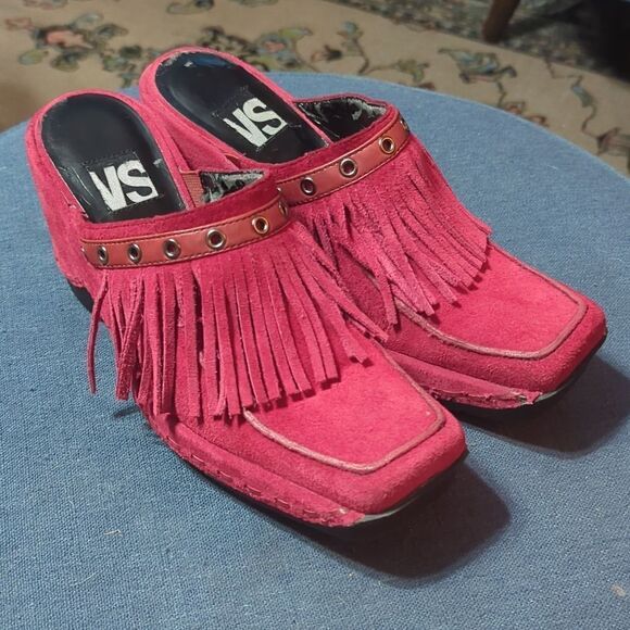 VICTORIA SECRET SENELA 9 red LEATHER Sexy 70s Vibe MULE FRINGE WEDGE SHOE - Picture 2 of 11